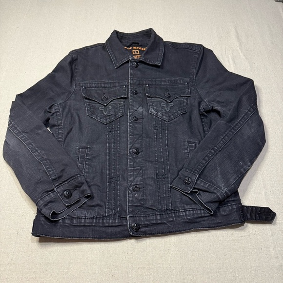 VTG Rock Revival Jacket Men Large Black Distressed Studded Embroidered Y2K Denim - Picture 1 of 7